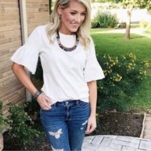 Maette by Stella & Dot Bianca White Smocked Ruffle Sleeve Top NWT